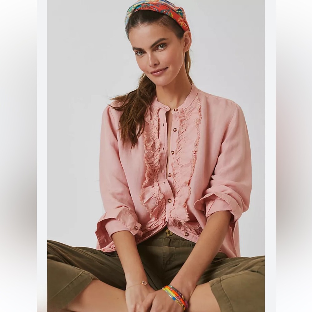 Anthropologie Pilcro linen blend Ruffled Placket Shirt peach - Picture 6 of 13